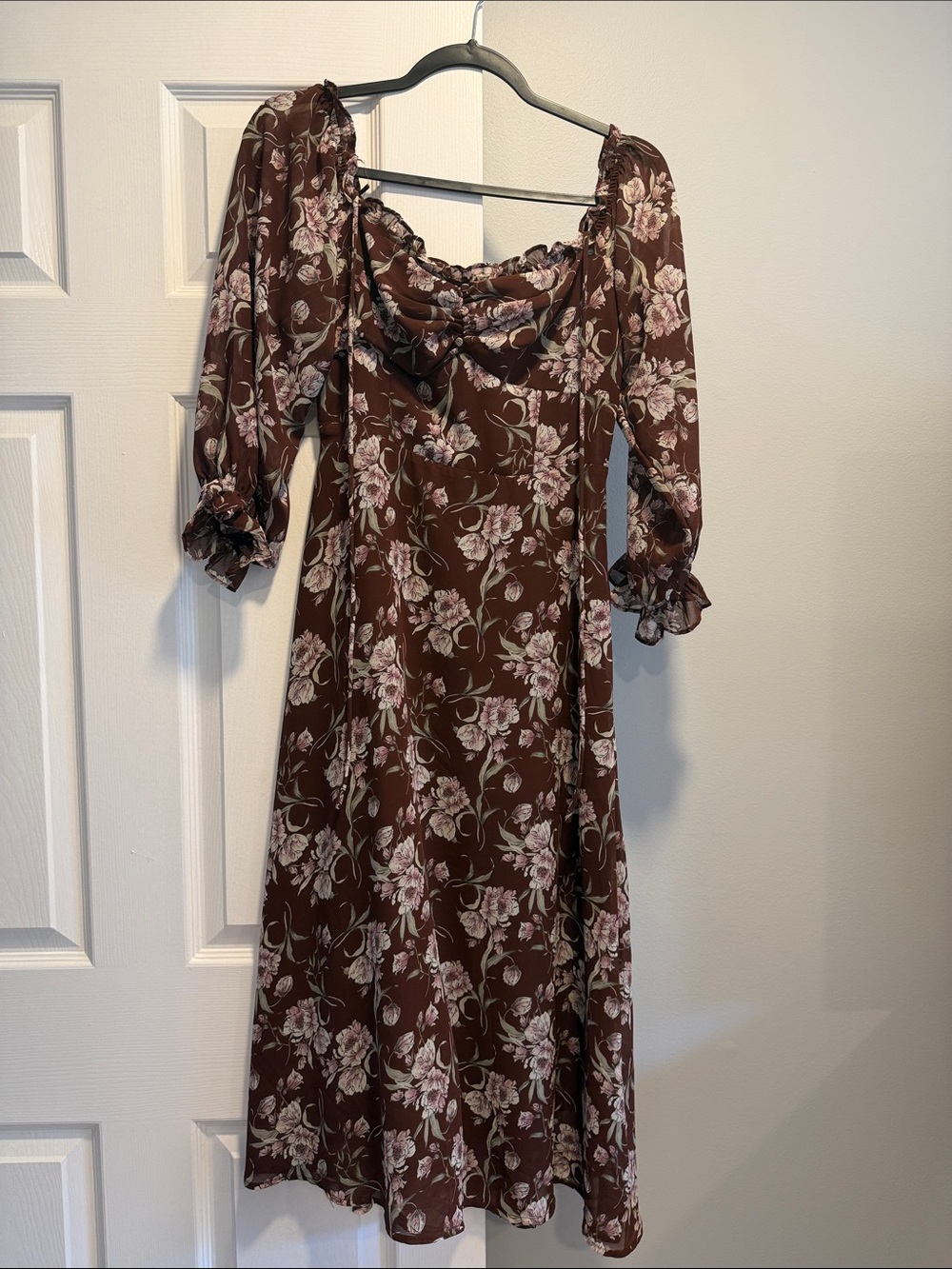 ASTR the label Floral Brown Midi Dress with Ruffled Neckline